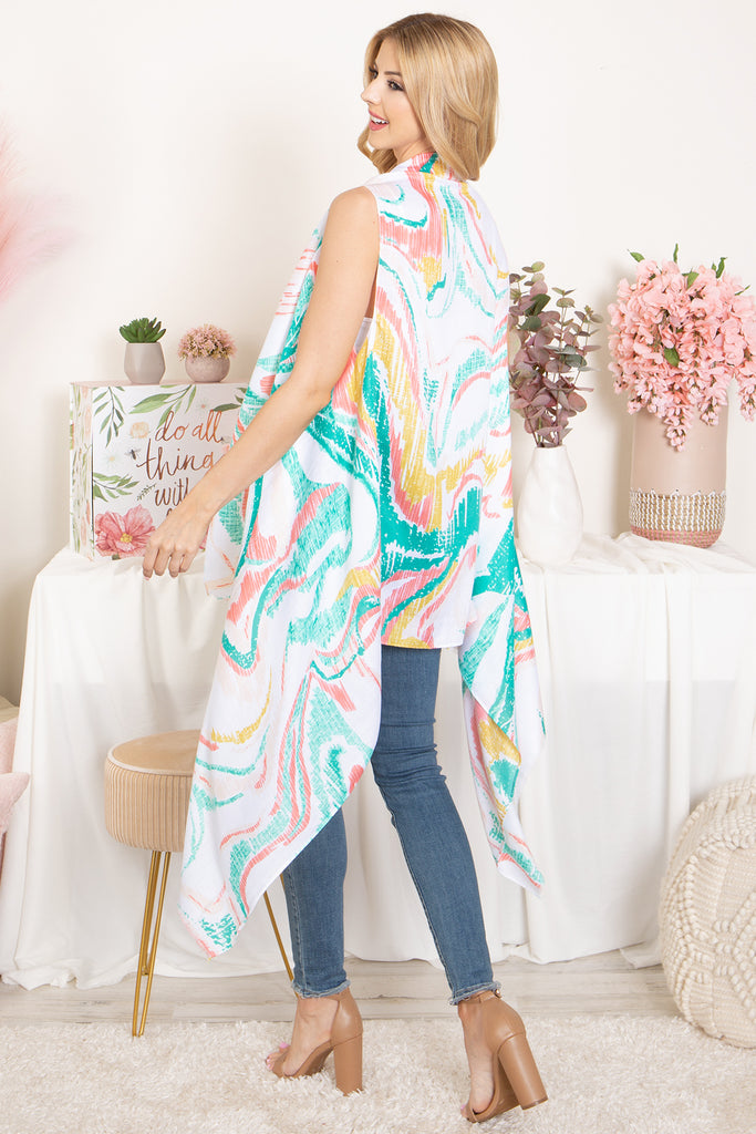 ABSTRACT PRINT KNEE LENGTH OPEN FRONT KIMONO VEST