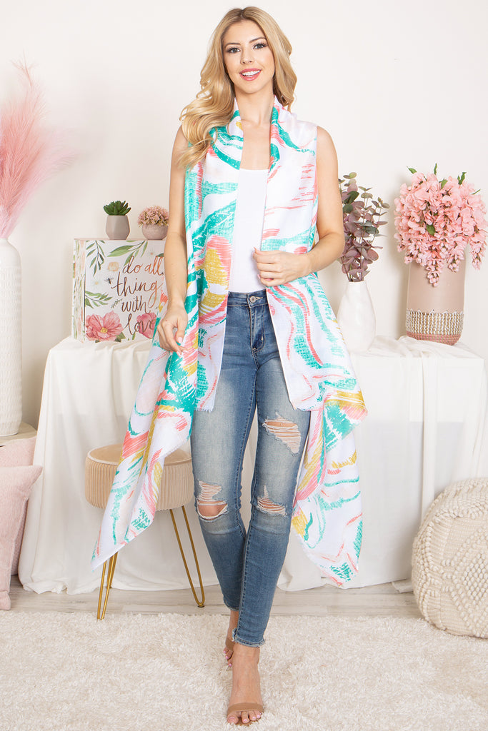 ABSTRACT PRINT KNEE LENGTH OPEN FRONT KIMONO VEST