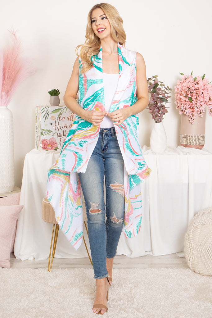 ABSTRACT PRINT KNEE LENGTH OPEN FRONT KIMONO VEST