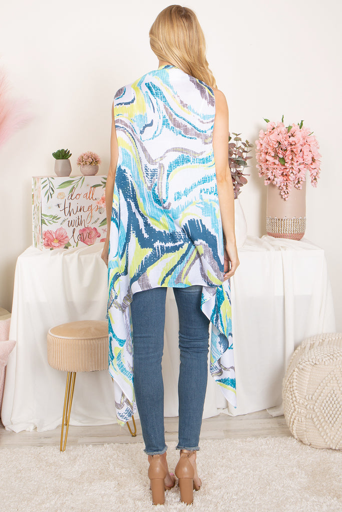 ABSTRACT PRINT KNEE LENGTH OPEN FRONT KIMONO VEST