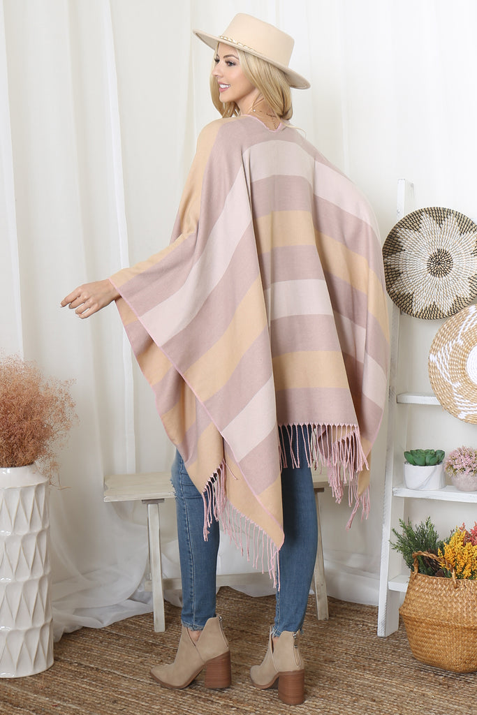 STRIPE PRINT OPEN FRONT FRINGE KIMONO