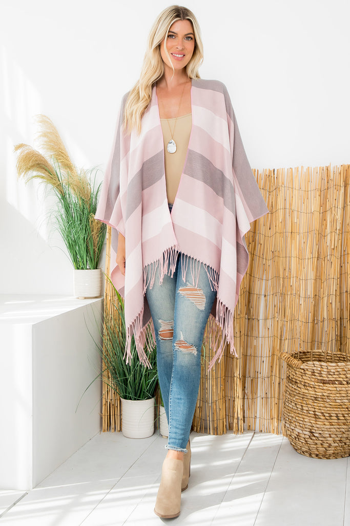 STRIPE PRINT OPEN FRONT FRINGE KIMONO