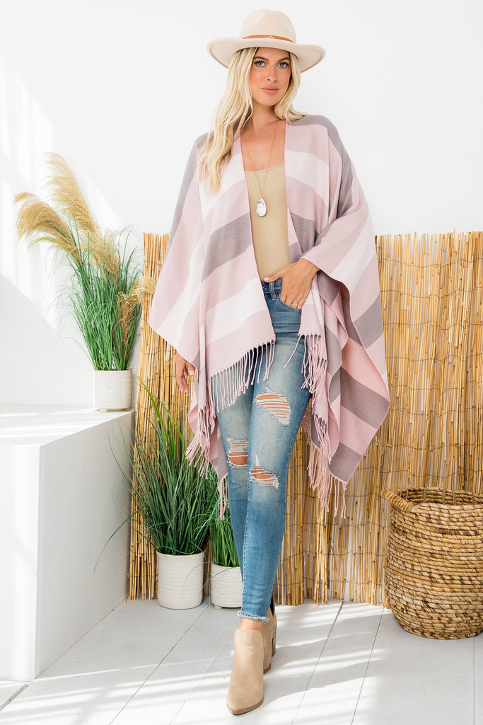 STRIPE PRINT OPEN FRONT FRINGE KIMONO
