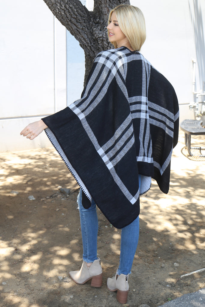 PLAID KNIT WARMER OPEN FRONT KIMONO