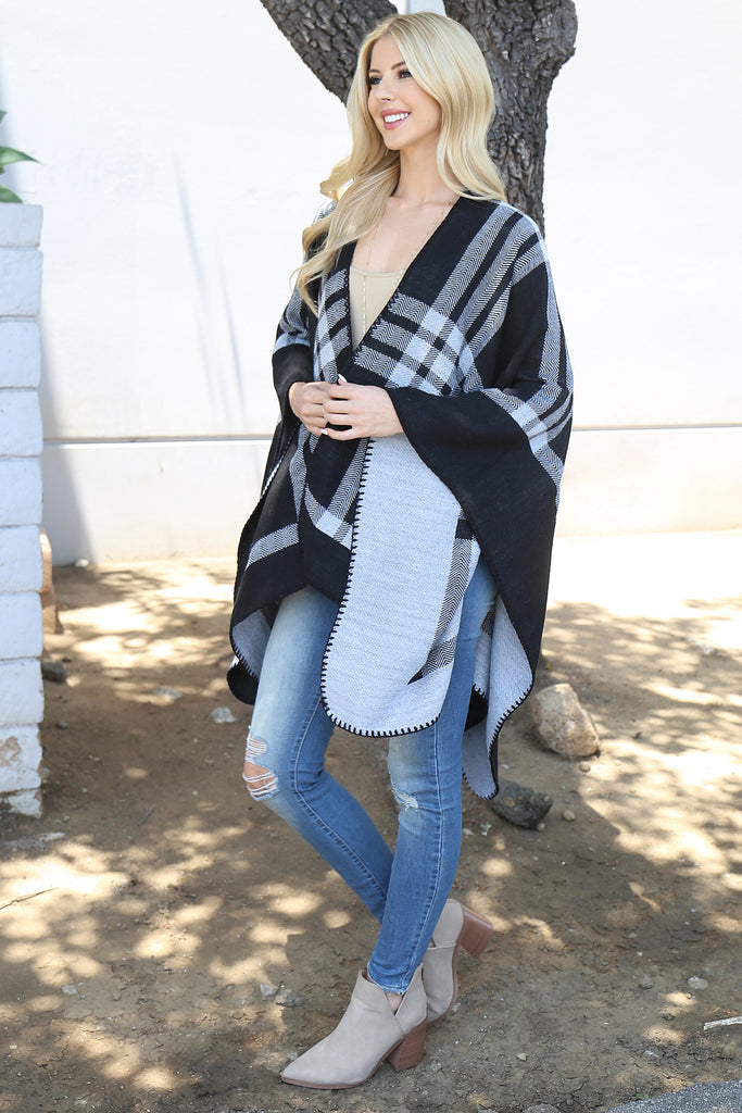 PLAID KNIT WARMER OPEN FRONT KIMONO