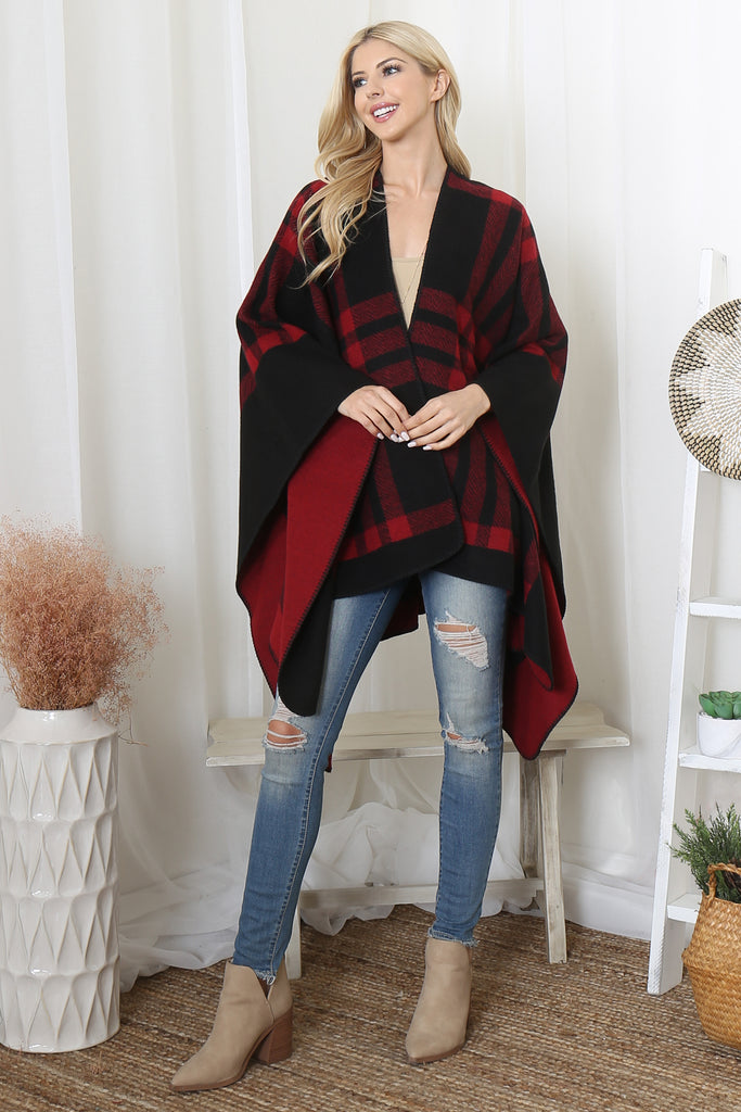 PLAID KNIT WARMER OPEN FRONT KIMONO