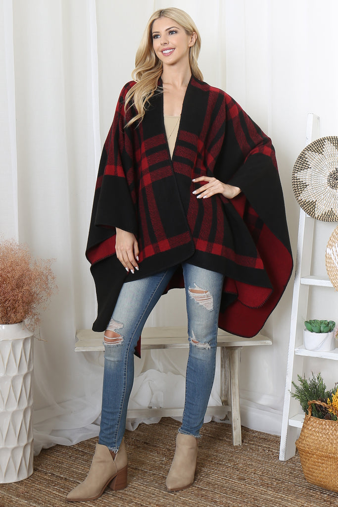 PLAID KNIT WARMER OPEN FRONT KIMONO