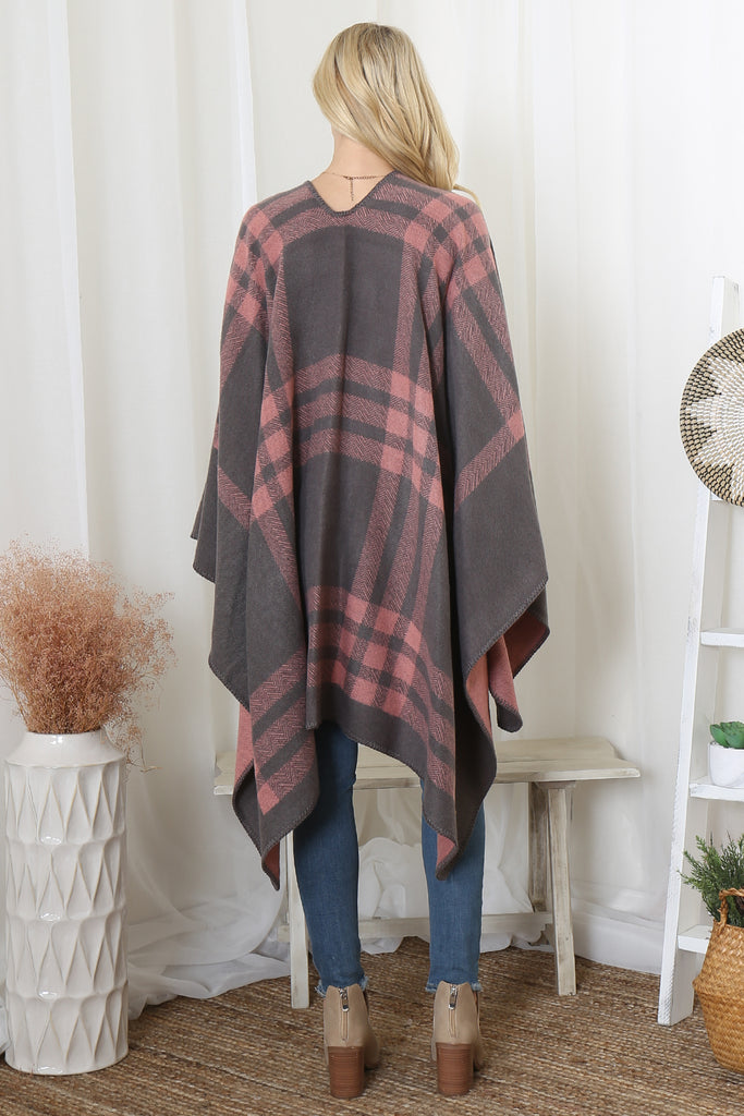 PLAID KNIT WARMER OPEN FRONT KIMONO