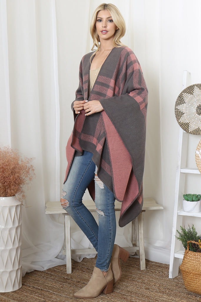 PLAID KNIT WARMER OPEN FRONT KIMONO