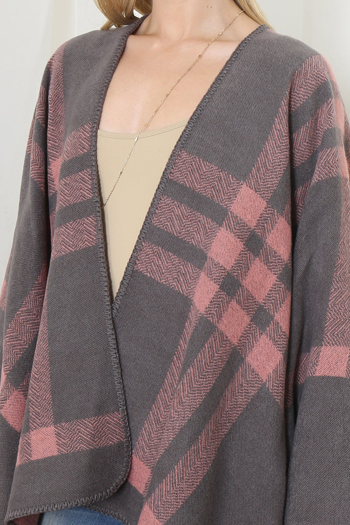 PLAID KNIT WARMER OPEN FRONT KIMONO