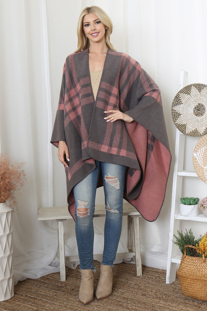 PLAID KNIT WARMER OPEN FRONT KIMONO