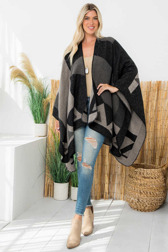 GEOMETRIC SHAPE PRINT WARMER OPEN FRONT KIMONO