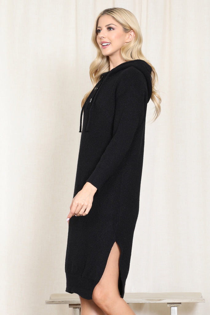 HOODED LONG SLEEVE TUNIC DRESS WITH SLIT