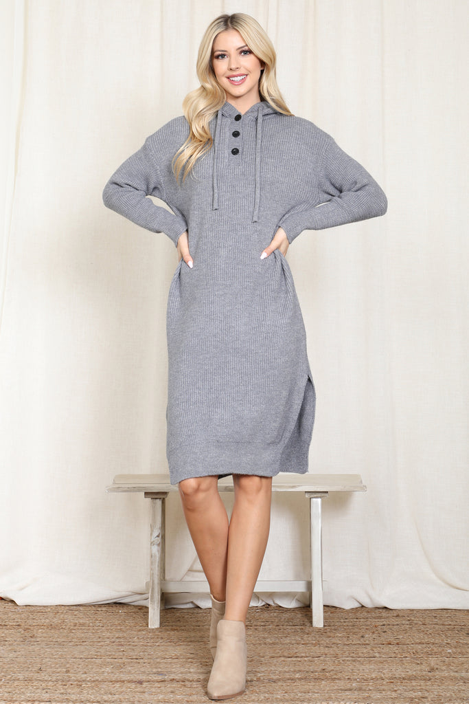 HOODED LONG SLEEVE TUNIC DRESS WITH SLIT