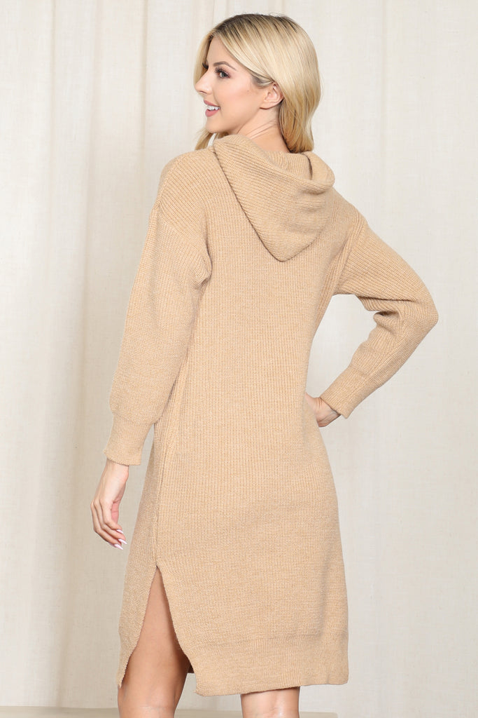 HOODED LONG SLEEVE TUNIC DRESS WITH SLIT