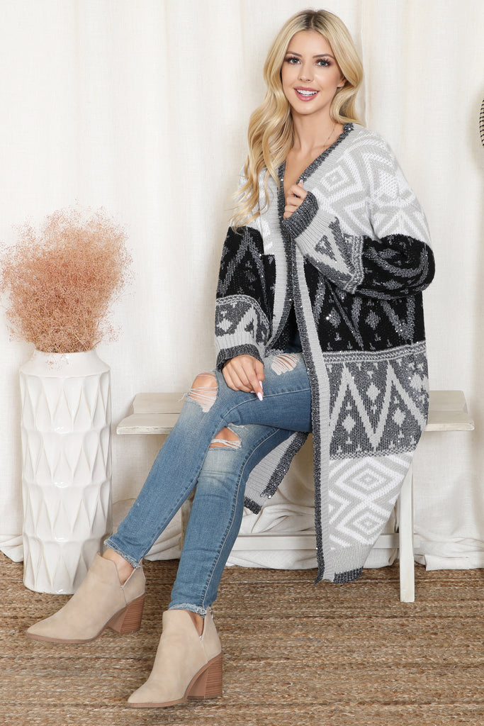 HDF4002 - AZTEC PATTERN KNITTED TERRY CARDIGAN