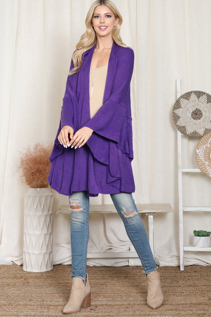 KNIT RUFFLED SOLID COLOR KIMONO