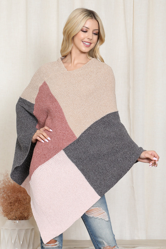 KNITTED GEOMETRIC SQUARE MULTI COLOR PONCHO