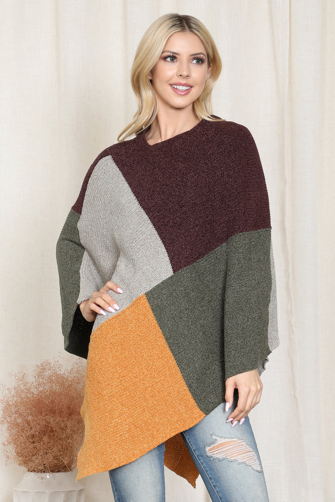 KNITTED GEOMETRIC SQUARE MULTI COLOR PONCHO