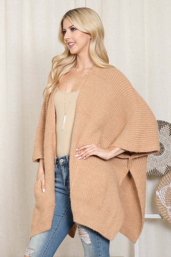 KNITTED SOLID COLOR WITH POCKET KIMONO