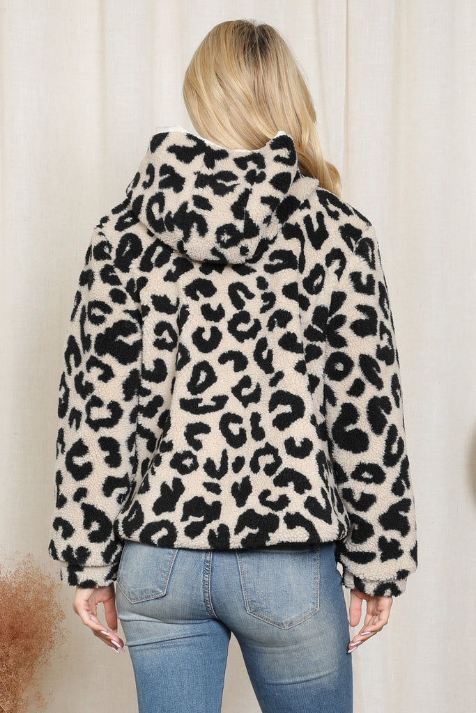 Leopard Print Faux Fur Hoodie Jacket