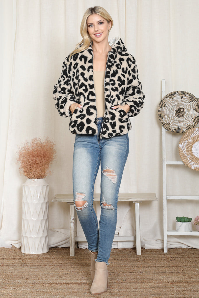 Leopard Print Faux Fur Hoodie Jacket