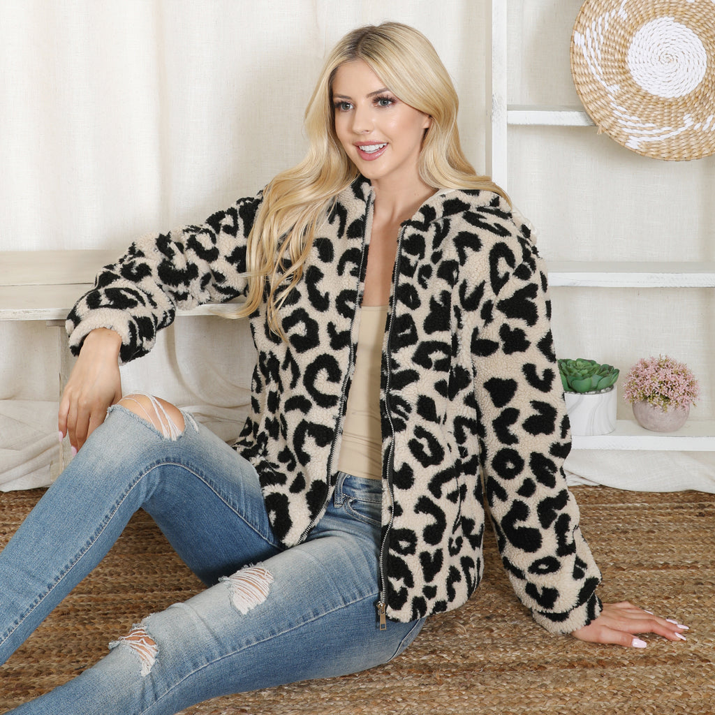 Leopard Print Faux Fur Hoodie Jacket