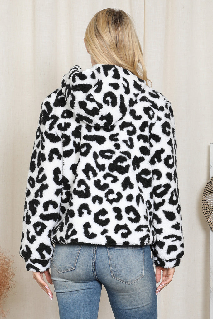 Leopard Print Faux Fur Hoodie Jacket