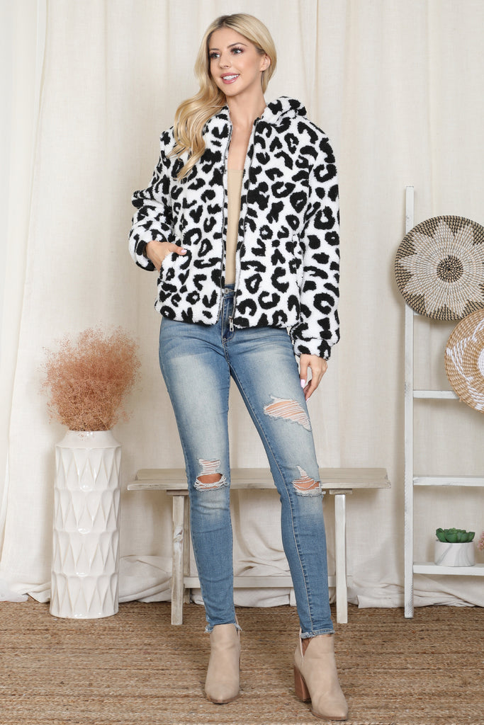 Leopard Print Faux Fur Hoodie Jacket