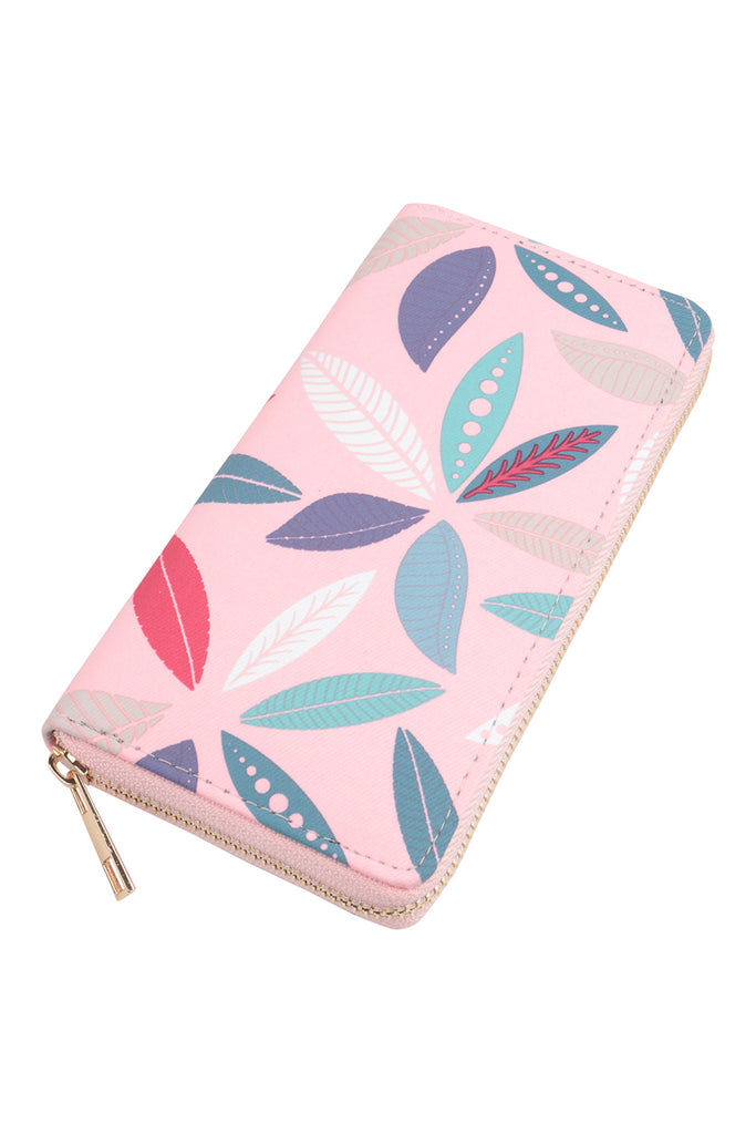 LEAF PRINT LEATHER ZIPPER WALLET