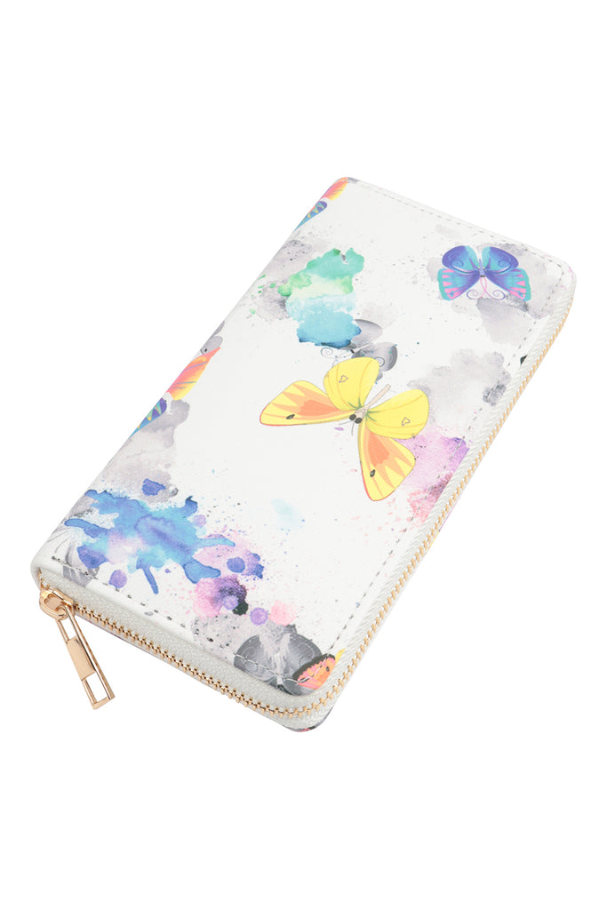 BUTTERFLY PASTEL PRINT LEATHER ZIPPER WALLET