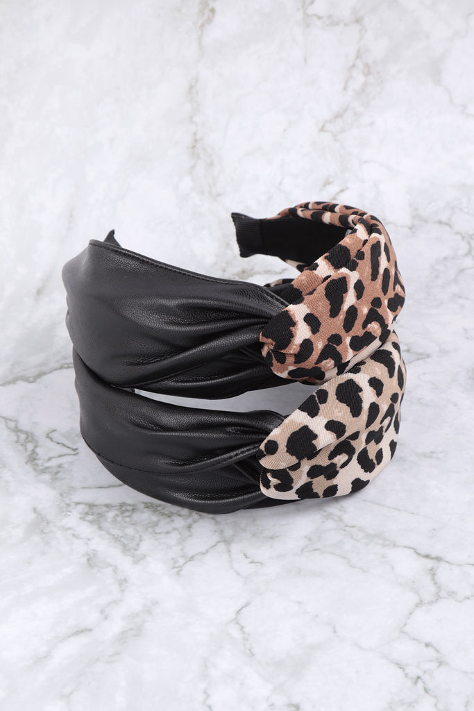 KNOTTED TWO TONE LEOPARD PU HEAD BAND HEAD ACCESSORIES