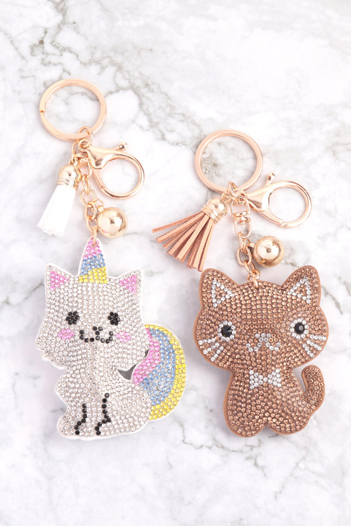 CUTE CAT RHINESTONE TASSEL KEYCHAIN