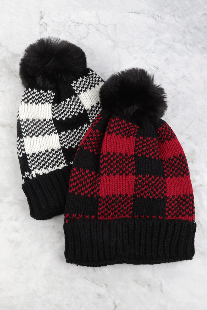 BUFFALO PLAID POMPOM KNIT BEANIE