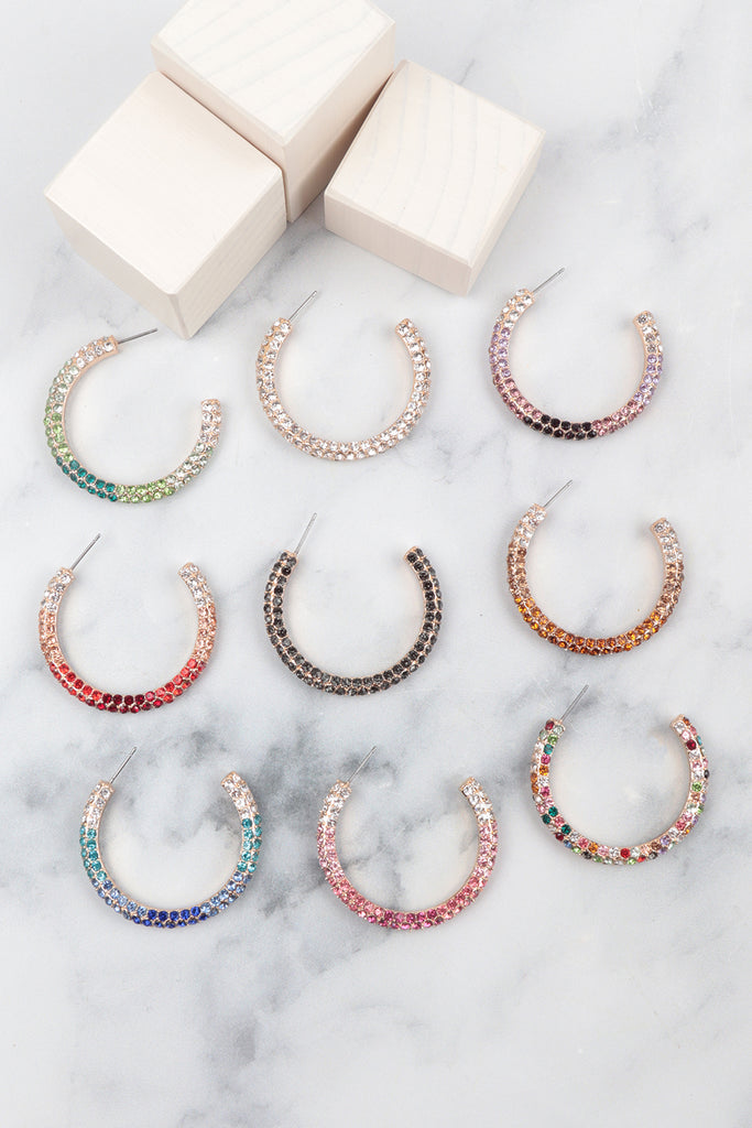 PAVE RHINESTONE GLITTER C SHAPE HOOP EARRINGS