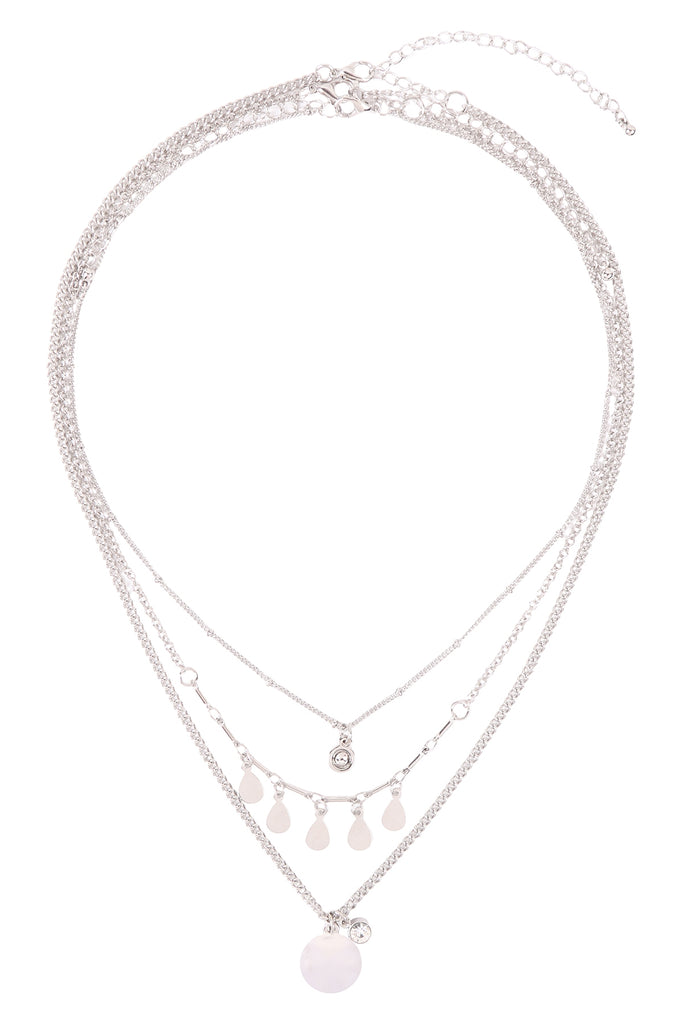 LAYERED CHAIN DISK TEARDROP RHIMESTONE PENDANT NECKLACE