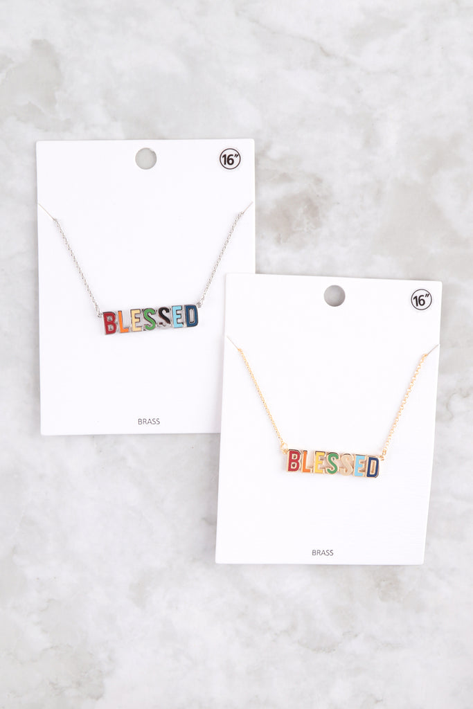 "BLESSED" COLOR BLOCK PENDANT BRASS NECKLACE