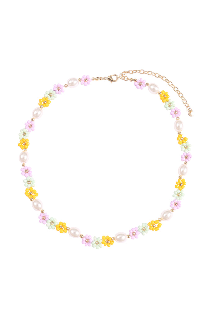 BRASS PEARL FLOWER SEED BEAD NECKLACE