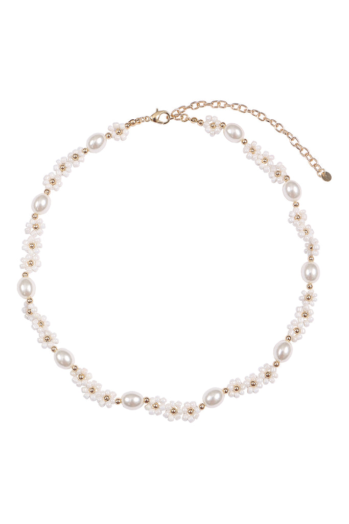 BRASS PEARL FLOWER SEED BEAD NECKLACE
