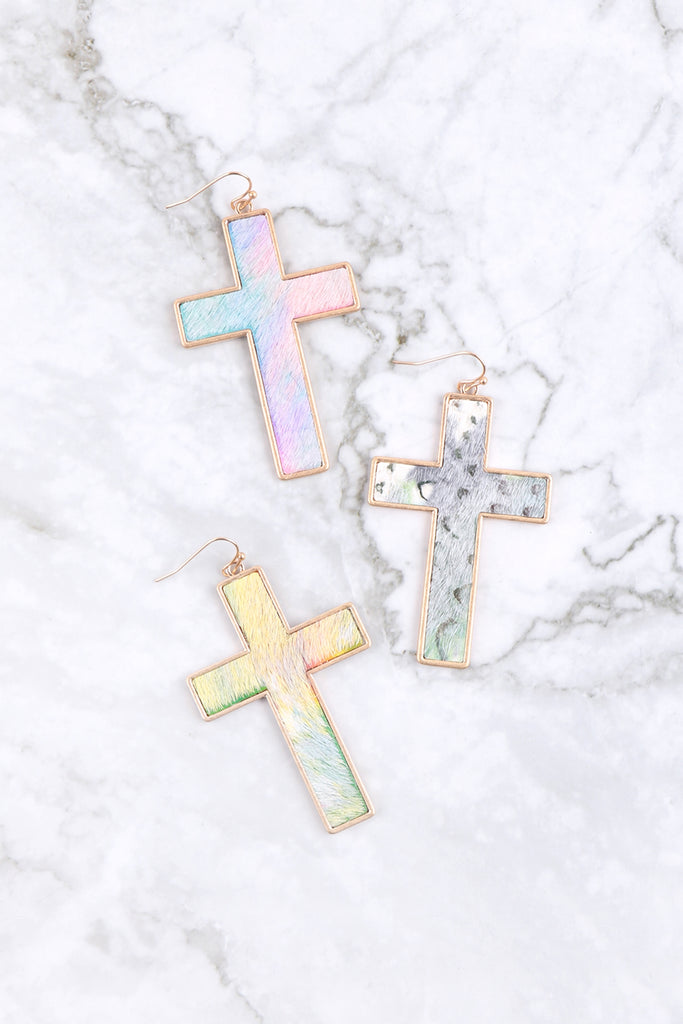 CROSS LEATHER DROP FISH HOOK EARRINGS