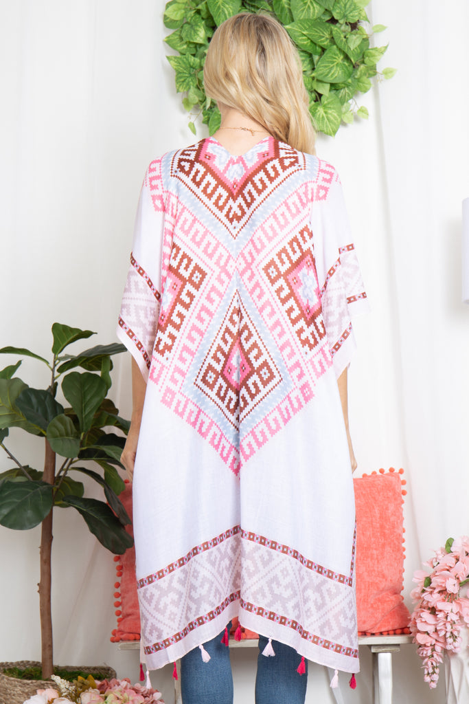 BOHO TRIBAL PRINT TASSEL OPEN FRONT KIMONO