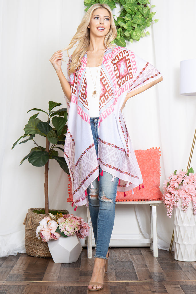 BOHO TRIBAL PRINT TASSEL OPEN FRONT KIMONO