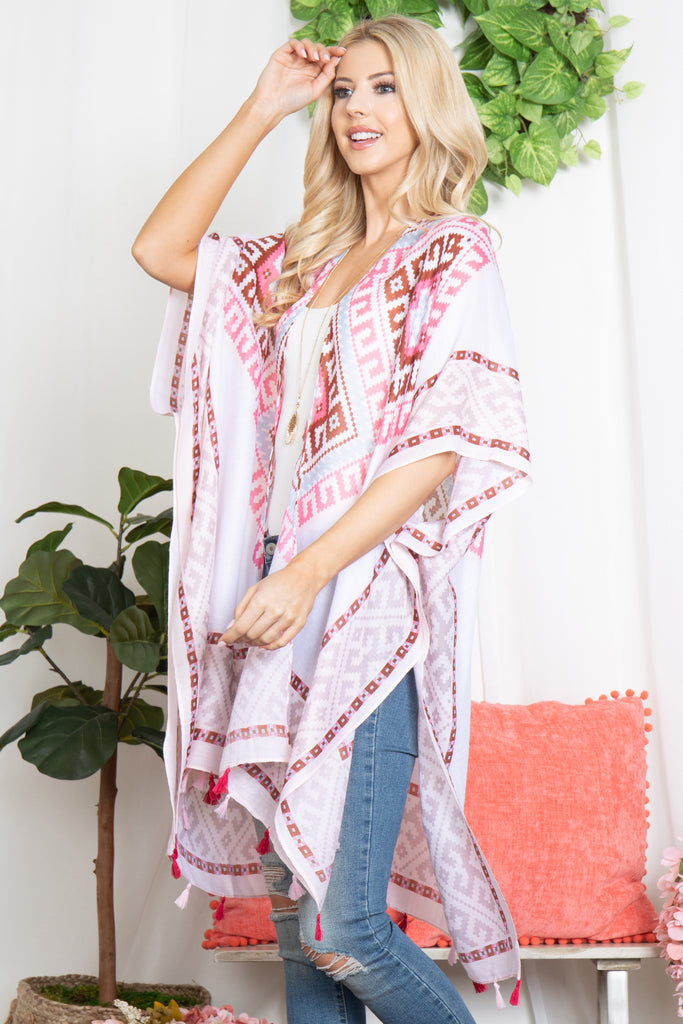 BOHO TRIBAL PRINT TASSEL OPEN FRONT KIMONO