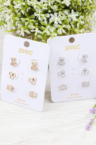 EEA001 - THREE-PAIR SET OF FLOWER BIRD STUD EARRINGS