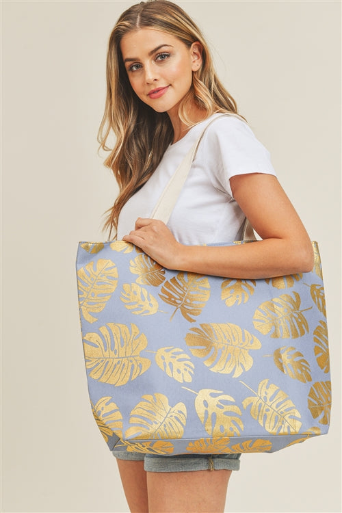 GOLD FOIL TROPICAL LEAVES BEACH TOTE BAG