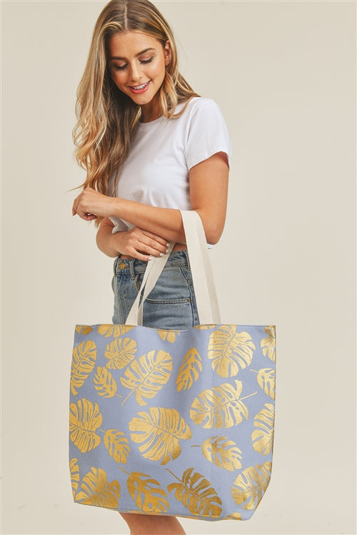 GOLD FOIL TROPICAL LEAVES BEACH TOTE BAG