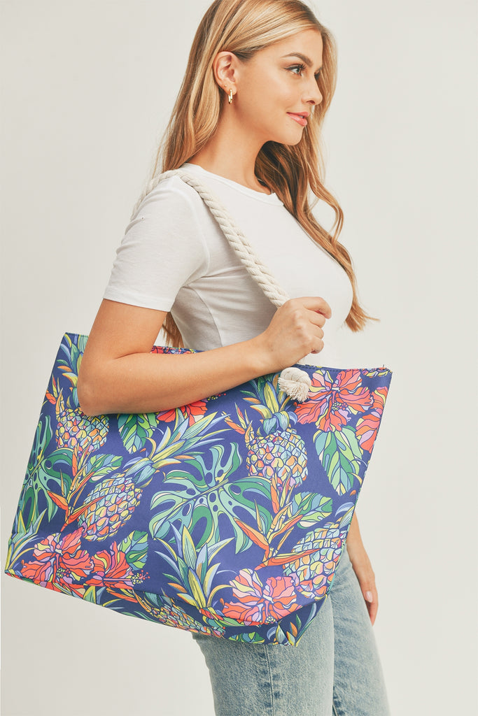 TROPICAL PINEAPPLE TOTE BAG WITH ROPE HANDLES