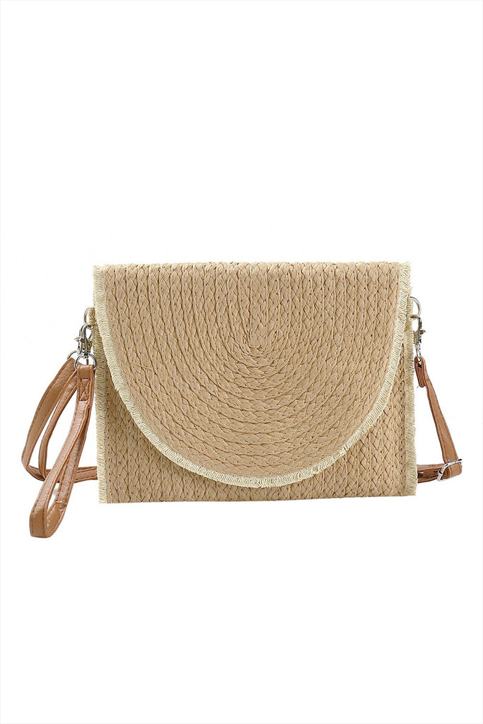 FRAYED TRIM TWO TONE STRAW CLUTCH & CROSSBODY