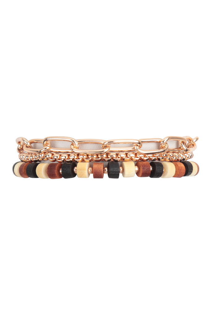 WOOD BEAD CHAIN LAYERED BRACELET