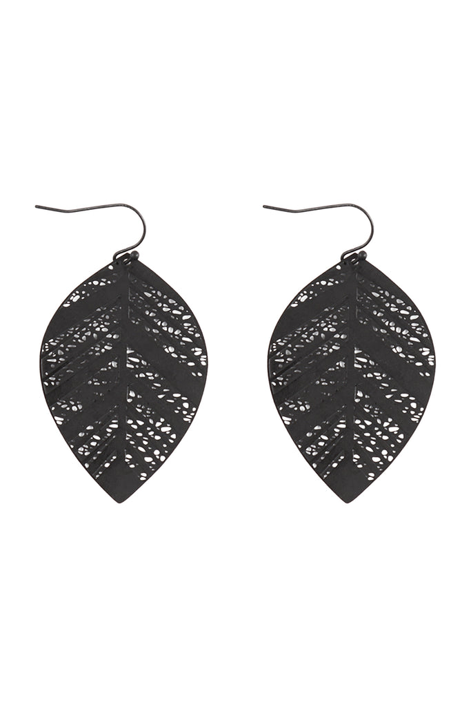 LEAF SHAPED FILIGREE DANGLE BRASS EARRING